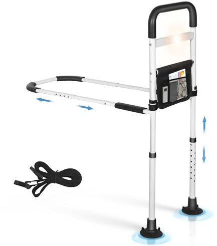 Brolteja Portátil Barandillas,Barandilla Cama Adultos y Ancianos, Barandilla Cama Adulto de Seguridad,Altura Regulable,Bolsa de Almacenamiento y luz de Sensor,Barrera Cama Acolchada,