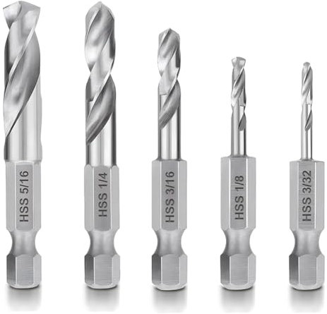 Teocpai 5 Pièces Forets à Métaux, Jeu de Forets hélicoïdal à Tige Hexagonale de 1/4 Pouce, Mèche Courte HSS M2 pour Changement Rapide, 3/32, 1/8, 3/16, 1/4, 5/16 Pouces