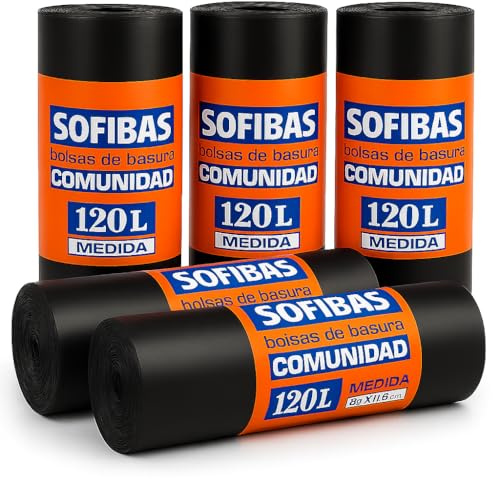 SOFIBAS 5 Rollos de Bolsas de Basura 120L (50 Unidades) | Muy Resistentes | Ideal para Uso Jardín, Hostelería, desperdicios | Bolsas de Plástico | Económicas