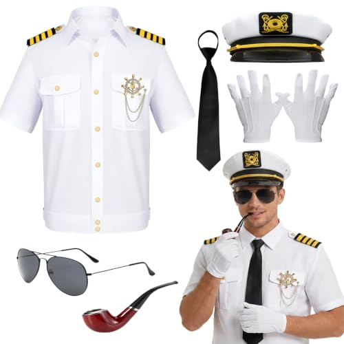 PANMAY Kapitän Matrose Kostüm Männer, Marine Weiß Kostüm-8Stück mit Kapitäne Weiß Jacke, Mütze, Handschuhe, Boot Kapitän Themed Cosplay Party Halloween Karneval Kostüm für Erwachsene