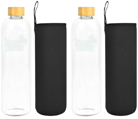 Lot de 2 bouteilles d'eau en verre avec bouchon en bambou, écologique, recyclable, réutilisable, sans toxines, sans BPA (2 bouteilles sans devise + étui noir, 1 500 ml)