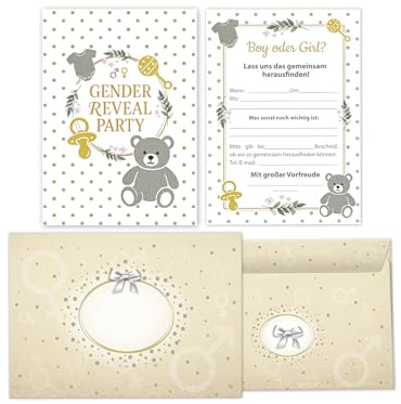 Limonia 30 Einladungskarten mit Umschlägen zur Gender Reveal Party – Stilvolle Einladungen zur Babyparty 'Boy oder Girl' – Baby-Überraschungsparty – Gold, Silber, süßer Bär, Punkte, Blätterkranz
