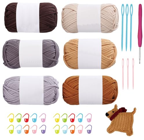 T Shirt Garns, 6er Pack 400g T Shirt Garn Set, Strickgarn, Häkelgarn Baumwolle, Dickes Polyester Garn, Häkelgarn für Herstellung von Untersetzern, Teppichen und Kunsthandwerk (Dunkle Farbtöne)
