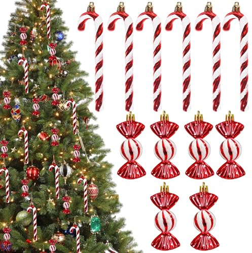 GWAWG 12 Pcs Red Glitter Candy Canes and Round Candy Ornaments, Christmas Tree Decorations, Hanging Festive Sweet Treats for Xmas Home Party Decor
