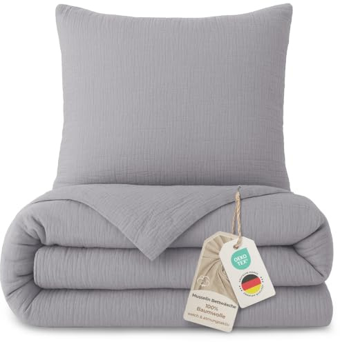 LAYNENBURG Premium Musselin Bettwäsche 135x200 cm + 80x80 cm - Oeko-Tex – 100% Baumwolle – atmungsaktiv & bügelfrei – 3 lagiges Musselin mit Reißverschluss & Haltebändern (grau)