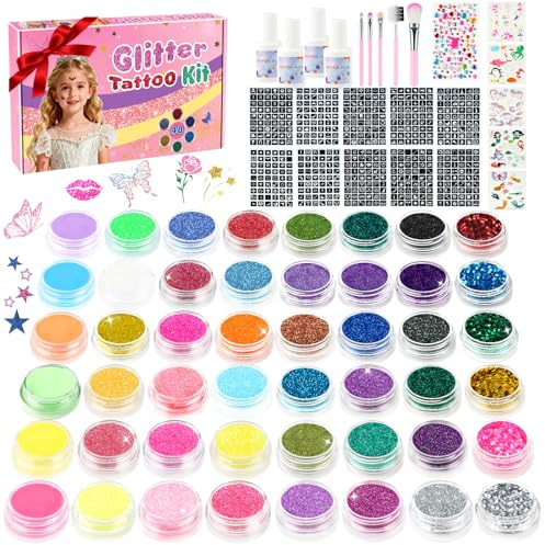 Set di tatuaggi glitterati per bambini, 48 colori glitterati, 540 stencil, 115 strass, 5 pennelli, 4 colla, tatuaggi temporanei impermeabili, regalo per compleanno, festa, Natale