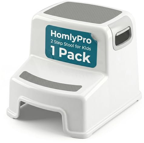 HomlyPro Toddler Double Step Stool for Kids, White, 200 lbs Weight Capacity, Non-Slip 2 Step Kids Stool with Handles, Potty Training Steps for Bathroom Sink & Kitchen