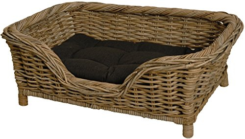 Rattan Hundekorb geflochten Hundebett Rattan Grau Korb Hund Hundecouch hoch mit Kissen (Naturmaterial Grau)