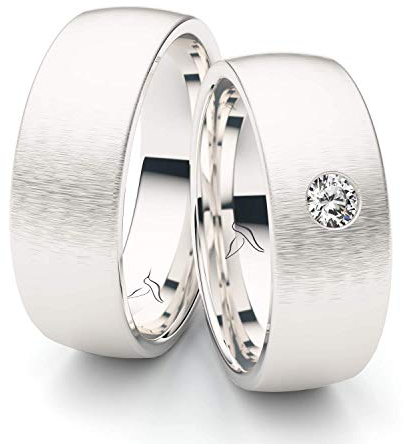 Massive Silber Eheringe 7 mm Rhodiniert mit großem Zirkonia 3 mm Stein Trauringe Partnerringe Freundschaftsringe 100% Made in Germany - Inkl. Gratis Gravur und Etui (Quermattiert)