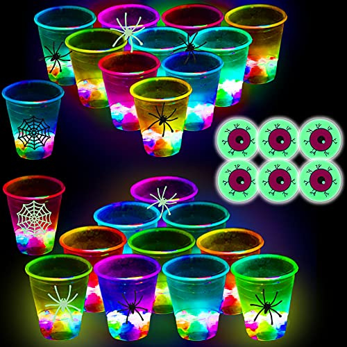 (Flash Color) The Halloween Glow in the Dark Beer Pong Set-Light up Beer Pong Cups for Indoor Outdoor Nighttime Competitive Fun,22 Glowing Cups, 6 Balls- Party Game