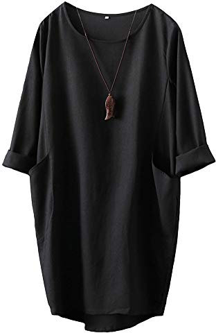 FTCayanz Donna Vestito Tunica T-Shirt Lino Abito Manica Lunga Mini Sciolto Abiti Elegante Nero L