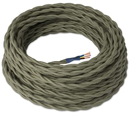 Amarcords - Câble électrique textile couleur SAUGE, torsadé, lin, 5 mètres, avec mise à la terre 3x0,75 - Fil vintage en tissu coloré, pour lampes, lustres, appliques et abat-jours.