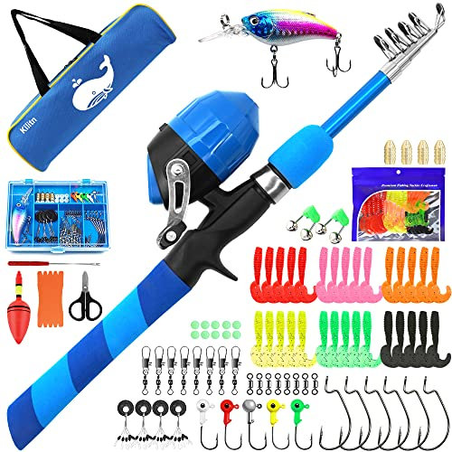Kilitn Kit de Canna da Pesca per Bambini - 86 Pezzi, Canna da Pesca Telescopica e Mulinello Spincast Set e Accessori da Pesca Borsone da Viaggio per Ragazzi Ragazze Giovani Principianti (1.8M 5.91FT)