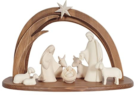 Weihnachts-Set aus Holz, Krippe aus Holz mit Hütte im modernen Stil, hergestellt im Gardena-Val, natürliche Version von Figuren (Höhe Josef 17 cm)