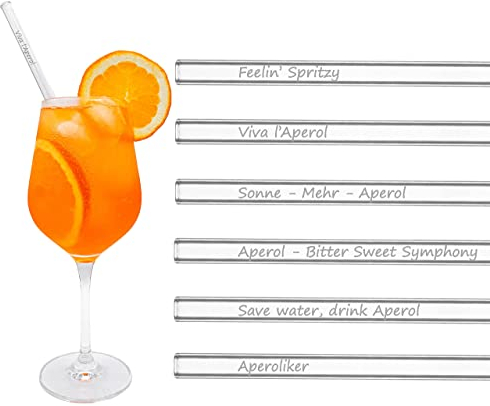 BRILLIANT INFUSION | Glas-Strohhalme APEROL SPRÜCHE | 6x20cm | Aperol Spritz Geschenk-Set | Strohhalme | Glasstrohalm ohne | Cocktail Zubehör