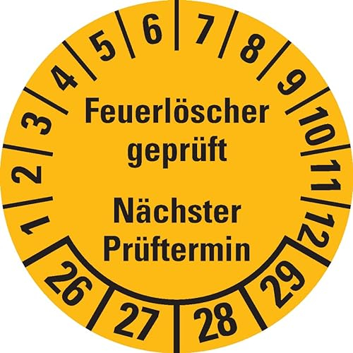 Prüfplakette Feuerlöscher geprüft, NP, 26-29, gelb, Dokufolie, Ø 30mm, 18/Bogen