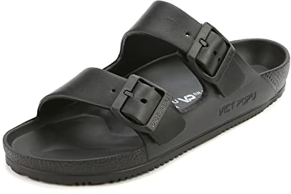 VICT POPU Pantoletten Damen mit Fussbett Sandalen Flach Rutschfest Sommer Badelatschen Lässig EVA Slides Erwachsene Schlappen Schwarz 40