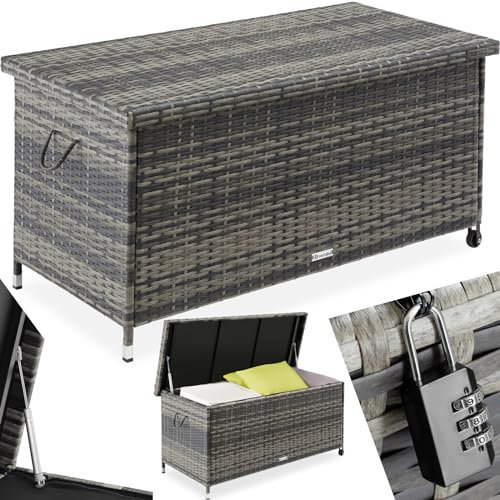 TecTake® Coffre de jardin Exterieur, Coffre à Coussins 270 L en Aspect Rotin 120x55x61,5cm avec Roulettes, Couvercle Rabattable, Poignées pour Rangement des Outils de Jardin, Matelas, Jouets