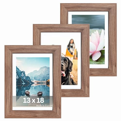 VictoR Bilderrahmen Passepartout Richter braun 3er Set in 13x18 cm | 10x15cm Passepartout - Fotorahmen Holz - Leiste: 25x20mm - Bilderrahmen Set braun 13x18