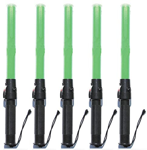 5 Pcs Traffic Baton, 43cm Signal Traffic Wand, LED Tactical Torch Safety Control Flashlight with 2 Flashing Patterns, Wrist Strap Lanyard (Green)