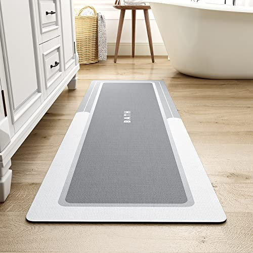MontVoo-Bath Mat Rug Long Non Slip Super Absorbent Stain Resistant Quick Dry Thin Bathroom Mat Fit Under Door 17x59 Grey