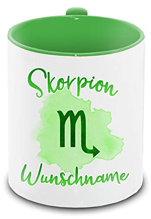 Eurofoto Tasse personalisiert mit Namen und Sternzeichen Skorpion | Motiv-Tasse mit Tierkreiszeichen und Wunschnamen (Grün, Keramik, Rund, 300 ml, Zuhause)