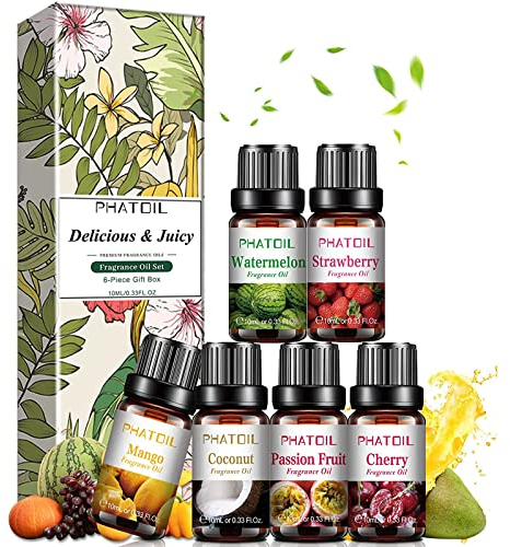 PHATOIL Set de Aceites Esenciales Frutas 6 x 10ml, Aceites Esenciales para Humidificador Difusor, Juegos de Aceites Esenciales Aromaterapia Coco, Fresa, Cereza, Mango, Sandía, Maracuyá
