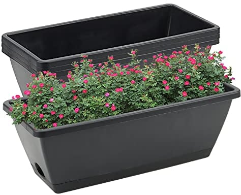 MUKCHAP 4 fioriere rettangolari da finestra in plastica nera da 42 cm, con vassoi, fioriere da balcone plastica rettangolari per davanzali per verdure