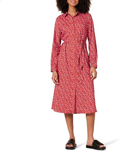 Amazon Essentials Robe-chemise mi-longue en tissu georgette à manches longues Femme, Rouge Tomate Jaune Floral, L