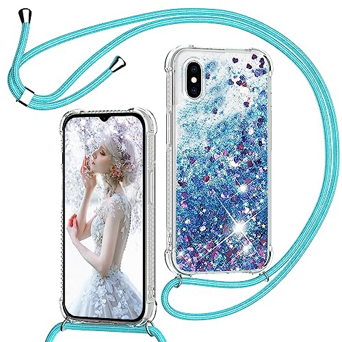 TUUTPU Handyband für iPhone X/iPhone XS Hülle mit Band, Glitzer Treibsand Handyhülle mit Kordel zum Umhängen Transparent Stoßfest Schutzhülle mit Kette Schnur, Quicksand Necklace Case in Blau