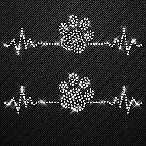 Glitzerdeals Bügelbilder aus Strass Hundepfote auf Herzlinie 2er Set Aufbügler für Textilien Karneval Kostüm Pfoten Strassmotiv Pfote EKG Aufbügler Glitzer Pfote Herzschlag