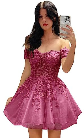Basgute Vestido corto de encaje con apliques de regreso a casa para adolescentes 2023 con purpurina de tul con hombros descubiertos, vestido de cóctel formal de graduación, Fucsia, 18 Plus