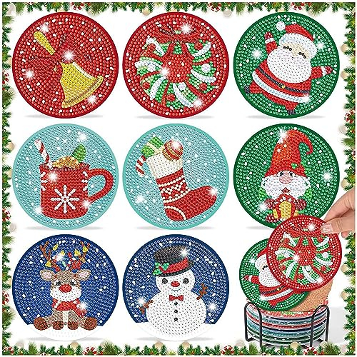 DIY Diamond Art Coasters to Make Set of 8 with Holder, WOWDECOR 5D Christmas Diamond Painting Coasters Kits Crystal Art Coaster for Car Cups Drinks Home Bar