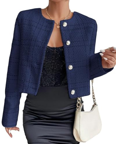 Blazer à carreaux en tweed pour femme - Coupe courte ouverte sur le devant - Sans col - Décontracté - Pour le travail, le bureau, l'automne et l'hiver, bleu marine, Medium