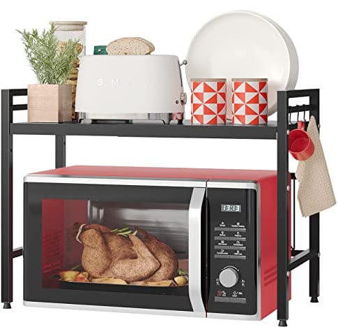 NETEL Expandable Microwave Shelf,2 Tier Microwave Stand with 8 Hooks,air fryer shelf stand,Microwave Oven Rack, Desktop Printer Shelf Rack, Bakers Rack,Kitchen Countertop Organiser Shelves