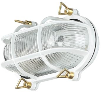 Licht-Erlebnisse Wandlampe Außen Messing Glas in Weiß IP64 Balkon Garten B:21 cm E27 Schiffsleuchte Maritim Riffel Rustikale Wandleuchte Hof SKIATHOS