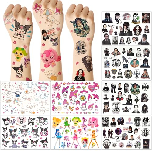 Tattoo Kinder Kuromi und Wed, 8 Blätter Temporäre Kindertattoos Aufkleber, 1870+ Stile Sticker Set für Mädchen Jungen, Geburtstagsgeschenke Kindergeburtstag Mitgebsel Festival Party Deko