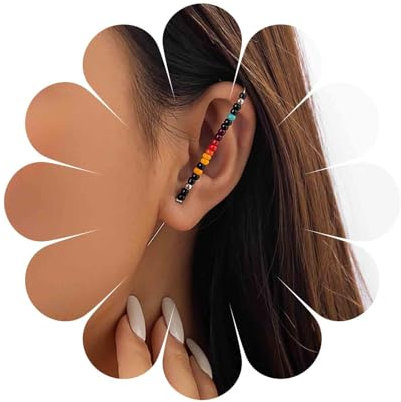 Inilbran Boho Seed Bead Earrings Colorful Seed Bead Ear Wrap Earring Gold Long Ear Ear Wrap Crawler Hook Earrings Vintage Rice Bead Hook Cuff Earrings Inlaid Beaded Hook Earrings Jewelry