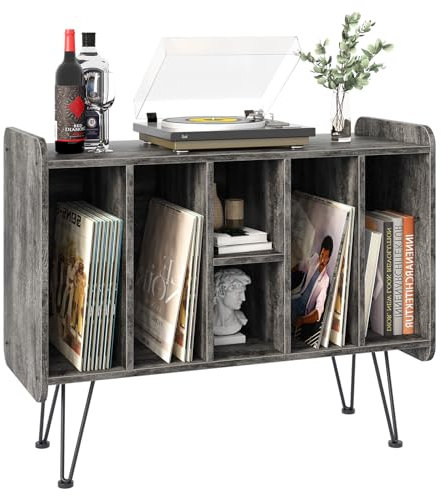 Arbuxzuy Plattenspieler-Ständer, große Schallplattenaufbewahrung, hält Alben, brauner Vinyl-Halter, Aufbewahrungsregal, Beistelltisch, Plattenständer mit Metallbeinen für Schlafzimmer, Wohnzimmer