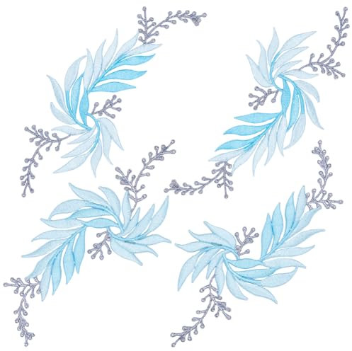 GORGECRAFT 4Pcs 2 Style Leaves Iron On Patches Sky Blue Embroidered Patches Leaf Vine Sew On Patches Leaf Embroidery Applique for Garment Curtain Pillow Blanket Clothes Embellishments