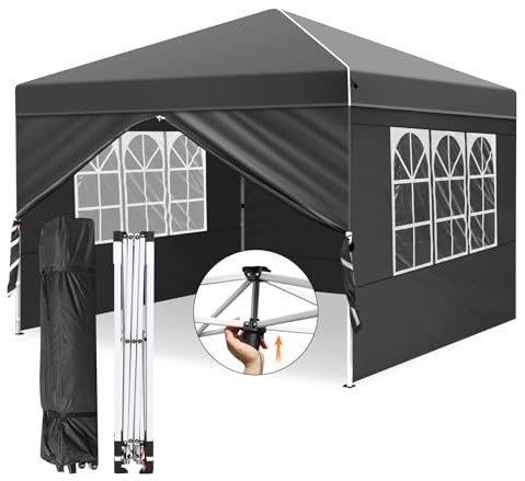 Leadyeah Pop Up Gazebo 3m x 3m with sides, One-Person Push Setup Gazebo with Central Lock System, Included 4 Sidewalls & Wheeled Storage Bag, Ideal for Beach, Camping, Outdoor Party, Sports Black
