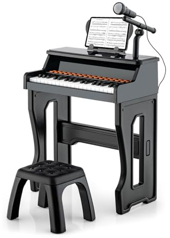 DREAMADE Piano Enfant à 37 Touches avec Tabouret, Clavier électronique pour 3+ Ans avec 22 Démos, 8 Sons & 8 Rythmes, Piano Jouet avec Microphone Réglable & Pupitre Amovible (Noir)