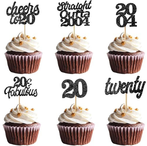 Teselife Tortendeko 20. Geburtstag: 24 Stück Glitzernde Cupcake Topper Schwarz für 20er Geburtstag Party Torten Kuchen Deko