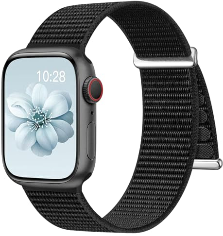 Upeak Gewebtes Sport Loop Armband Kompatibel mit Apple Watch Armband 44mm 45mm 46mm 49mm 42mm(Series 3 2 1), Nylon Verstellbare Sportarmband Band für iWatch SE Series 10/9/8/7/6/5/4/3/2/1, Schwarz