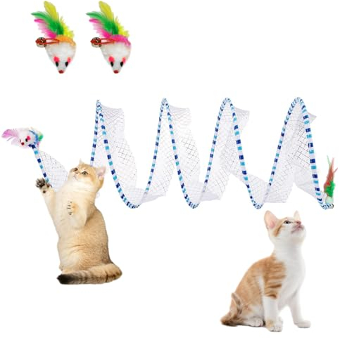 FINEASY Faltbar Katzentunnel Katzenspielzeug Interaktives, Katzenspielzeug S Katzen Tunnel, mit Federspielzeug und 3 Spielzeugmäuse, für Kaninchen Welpen Katzen Kleine Tiere (Blau)
