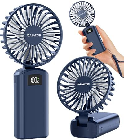 Gaiatop Portable Handheld Fan, 180° Foldable Mini Desk Fan, 3 Speed Personal Fan, 2000mAh USB Rechargeable Pocket Small Fan with Digital Display, Hand Fan for Travel Outdoor Office Makeup-Blue