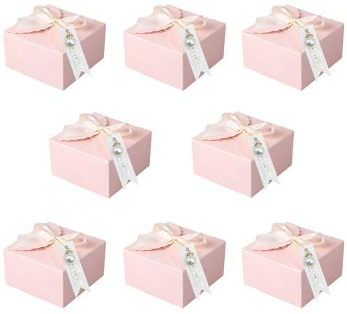Favour Boxes with Ribbon, 20pcs Wedding Candy Boxes for Guests, Paper Candy Boxes Gift Card Box Leer, Small Box with Card and Pearl Pendant for DIY Wedding and Party Gifts (Rosa)