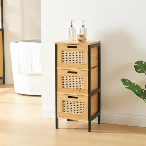 [en.casa] Badezimmerschrank Tervola Badschrank schmal Kommode mit 3 Schubladen Badkommode Schwarz/Bambus Midischrank 72 x 30 x 30 cm