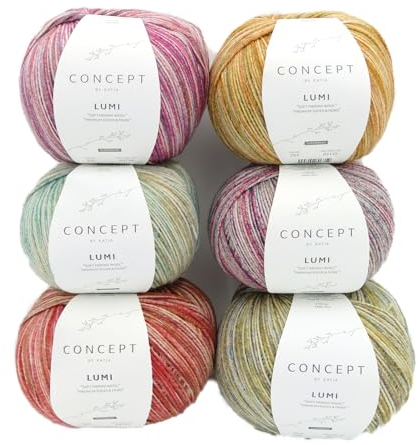 Katia Concept Lumi dicke Sockenwolle Paket 6-fädig, Merino Sockengarn 6-fach, 6ply, 6x150g=900g dicke Strumpfwolle mit Merinowolle | 75% Wolle, 25% Polyamid