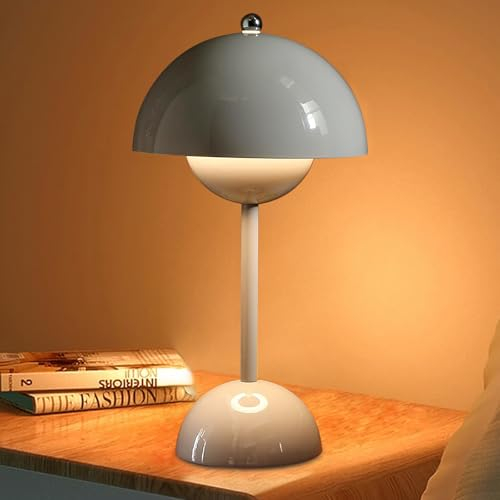 MeYuxg Pilz Lampe, Flowerpot Lampe mit 3 Helligkeitsmodi, Led Tischleuchte Kabellos, Tischlampe Pilz, Tischlampe Kabellos Dimmbar, Akku Tischlampe Aufladbar für Schlafzimmer, Büro, Restaurants (Grau)